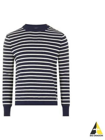 Striped button shoulder crew neck knit sweater navy HKS102 KN0003 - AMI - BALAAN 1