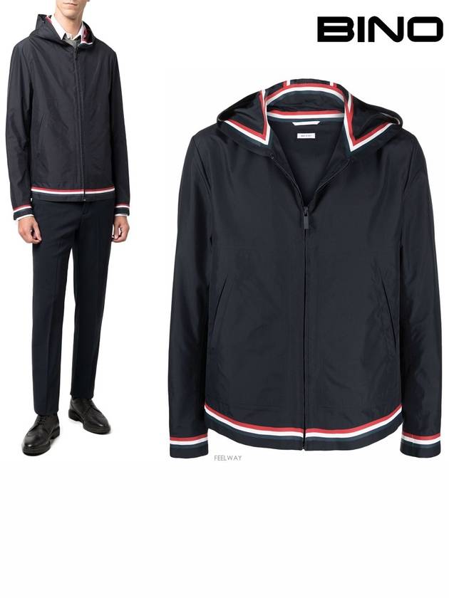 Men's Navy Three Stripes Shell Wind Jacket - THOM BROWNE - BALAAN.