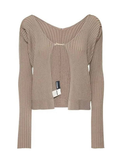 La Maille Pralu Longue Micro Charm Logo Cardigan Dark Beige - JACQUEMUS - BALAAN 2