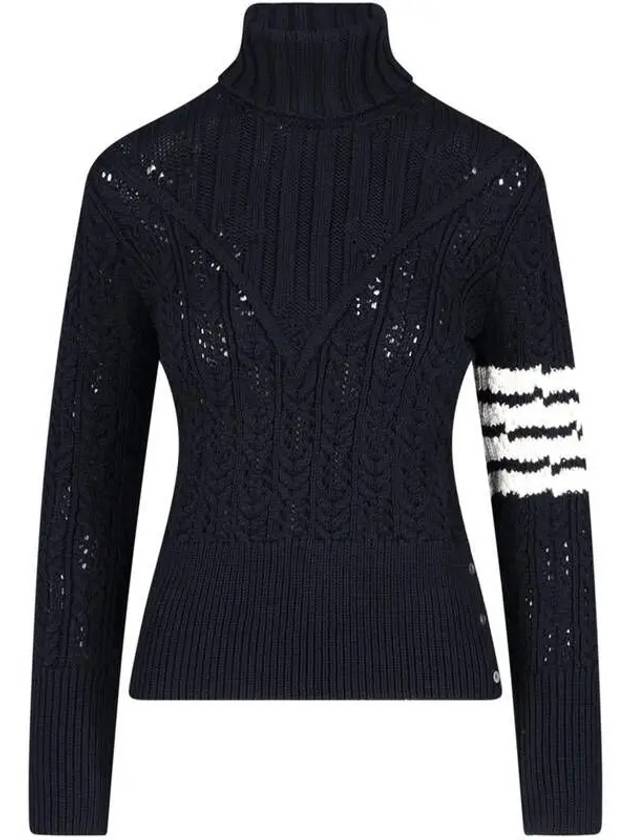 Women's 4 Bar Irish Pointelle Cable Merino Wool Turtleneck Navy - THOM BROWNE - BALAAN 2