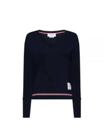 Cotton Pique V Neck Long Sleeve T-Shirt Navy - THOM BROWNE - BALAAN 2