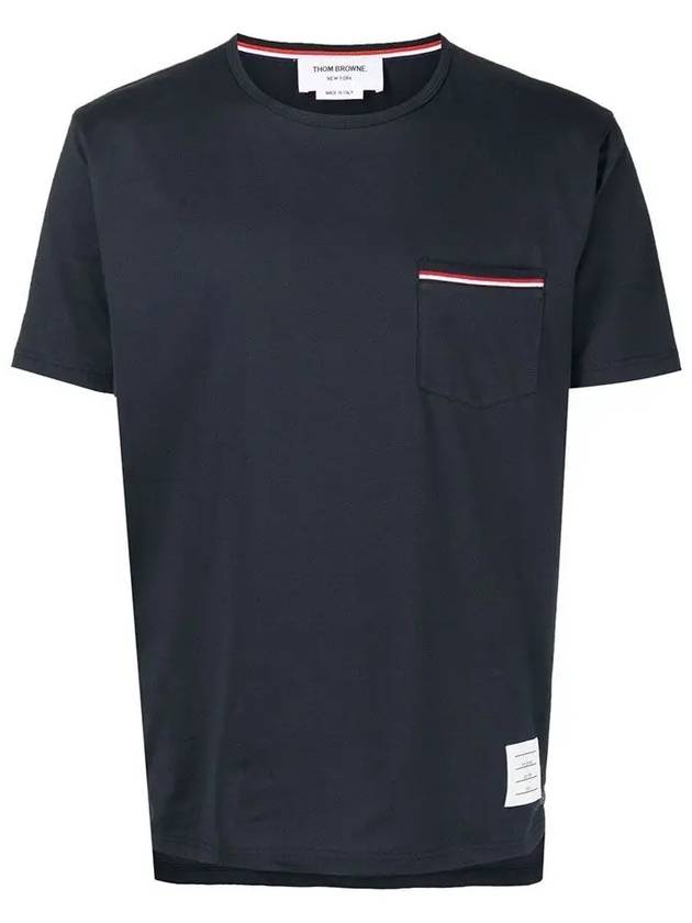 Men's Medium Weight Jersey Tipped Pocket Crewneck Short Short Sleeve T-Shirt Navy - THOM BROWNE - BALAAN 3