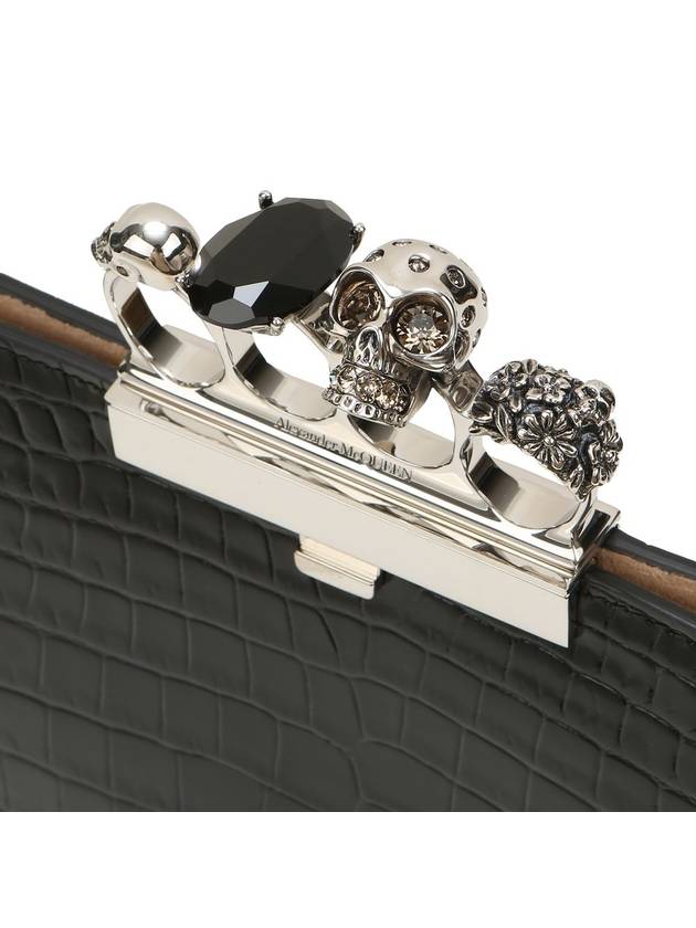 Silver Skull Four Ring Crocodile Leather Clutch Bag Black - ALEXANDER MCQUEEN - BALAAN 4