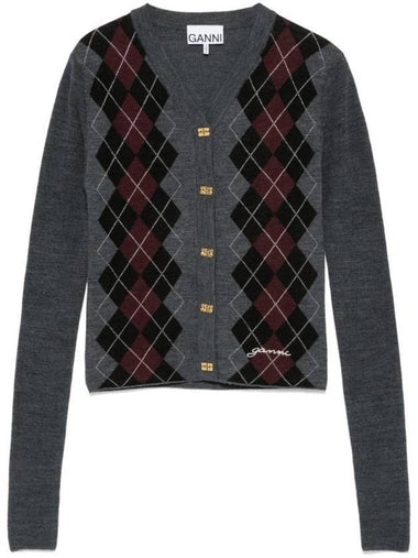 V-Neck Argyle Knit Cardigan Grey - GANNI - BALAAN 1