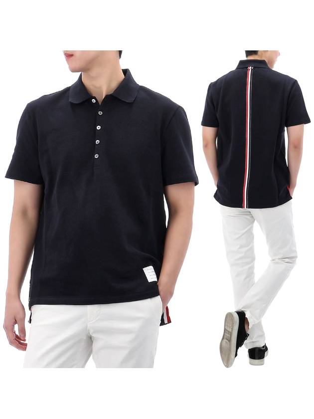 Men's Cotton Pique Center Bag Striped Short Sleeve Polo Shirt  Navy - THOM BROWNE - BALAAN 2