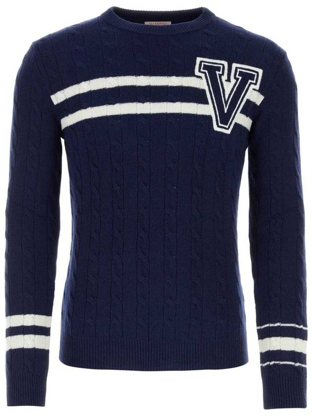 V Logo Virgin Wool Knit Top Navy - VALENTINO - BALAAN 2