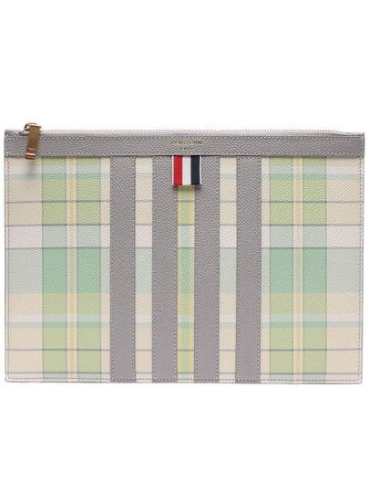 Madras Print Pebble Grain Leather Clutch Bag Pastel Green - THOM BROWNE - BALAAN 2