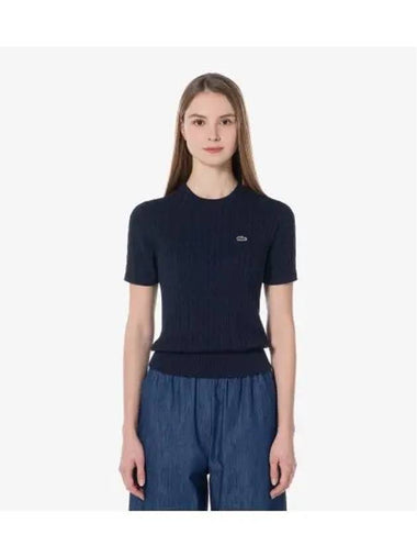 Women s Cable Short Sleeve Crew Neck Navy - LACOSTE - BALAAN 1