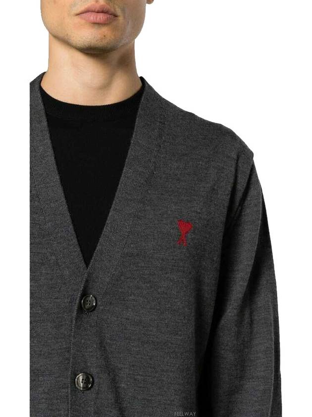 Red Heart Logo Merino Wool Cardigan Heather Grey - AMI - BALAAN 4