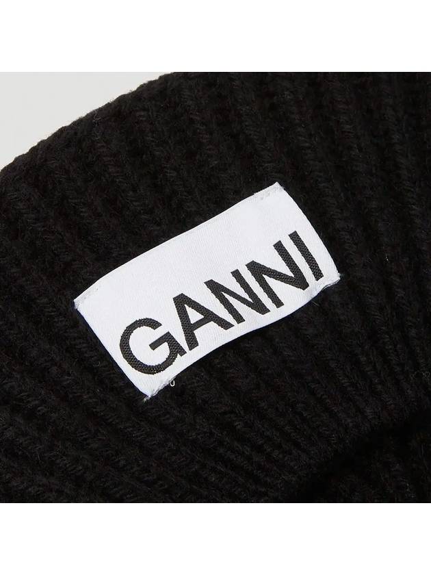 Logo Rib Edge Wool Beret Black - GANNI - BALAAN 4