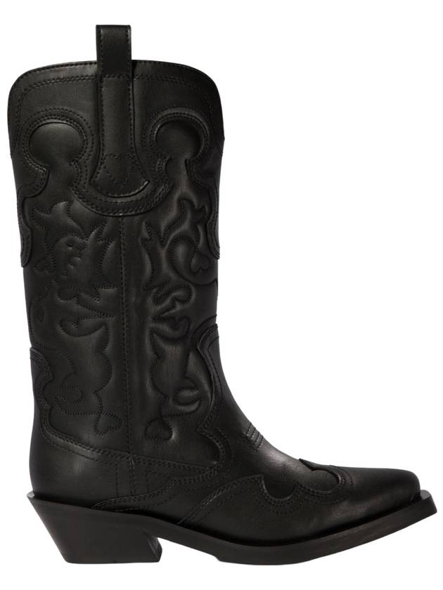 Embroidered Western Leather Mid Boots Black - GANNI - BALAAN 1