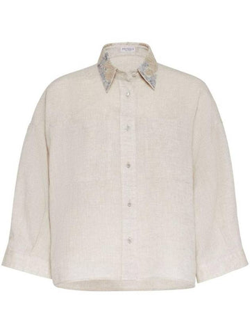 Embroidered Short Sleeve Shirt Beige - BRUNELLO CUCINELLI - BALAAN 1