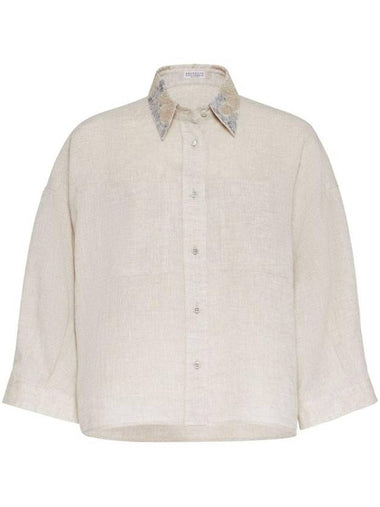 Embroidered Short Sleeve Shirt Beige - BRUNELLO CUCINELLI - BALAAN 1