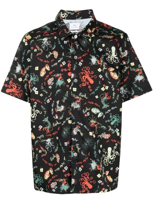 Octopus Linen Cotton Short Sleeve Shirt Black - PAUL SMITH - BALAAN 1