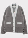 Women's Shearling Contrast Trim V-Neck Cardigan Medium Gray - THOM BROWNE - BALAAN 4