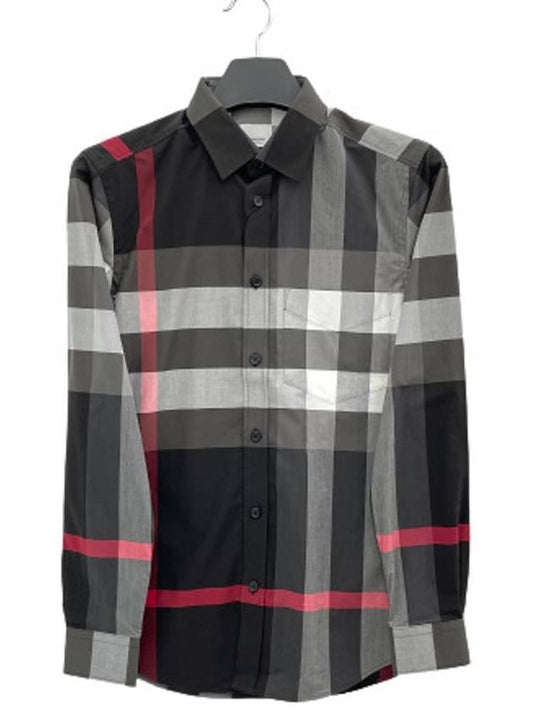 Men's Checked Stretch Cotton Poplin Long Sleeve Shirt Charcoal - BURBERRY - BALAAN 2
