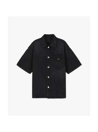 Triangle Logo Denim Short Sleeve Shirt Black - PRADA - BALAAN 1