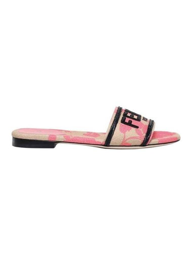 Rose Print Embroidered Logo Canvas Slide Slippers Pink - FENDI - BALAAN 1