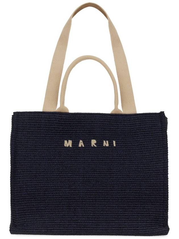 Embroidered Logo Raffia Tote Bag Navy - MARNI - BALAAN 4