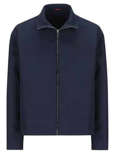 Embroidered wool acetate zip up jacket dark blue - GUCCI - BALAAN 1