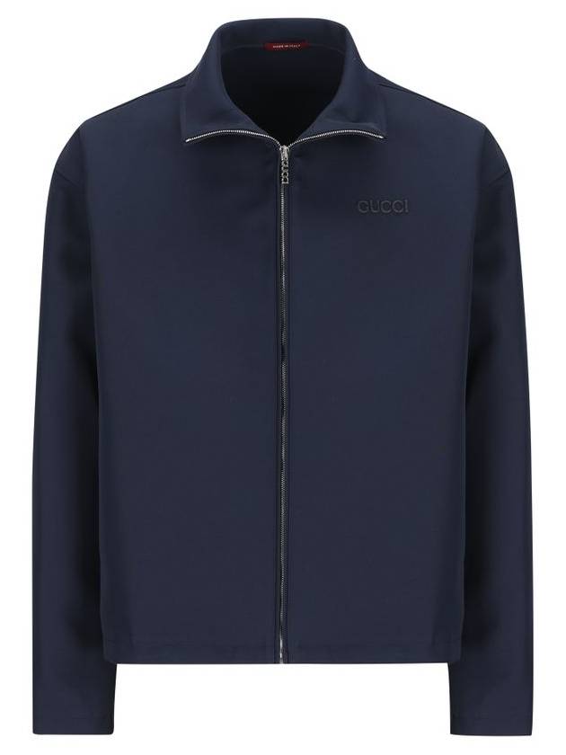 Embroidered wool acetate zip up jacket dark blue - GUCCI - BALAAN 1