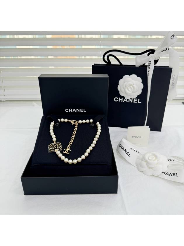 CC Logo Pearl Necklace Choker Black Gold ABE235 - CHANEL - BALAAN 7