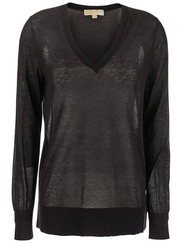 Black T-Shirt With V Neck And Ribbed Trims In Cotton And Silk Blend Woman - MICHAEL KORS - BALAAN 1