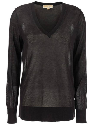 Black T-Shirt With V Neck And Ribbed Trims In Cotton And Silk Blend Woman - MICHAEL KORS - BALAAN 1