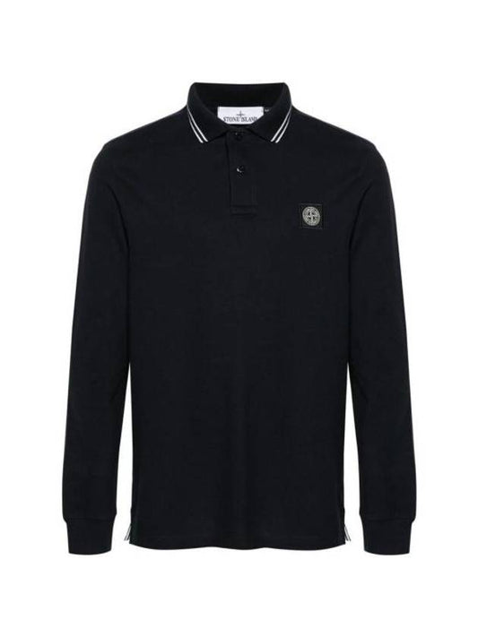 Slim Fit Long Sleeve Cotton Polo Shirt Navy - STONE ISLAND - BALAAN 1