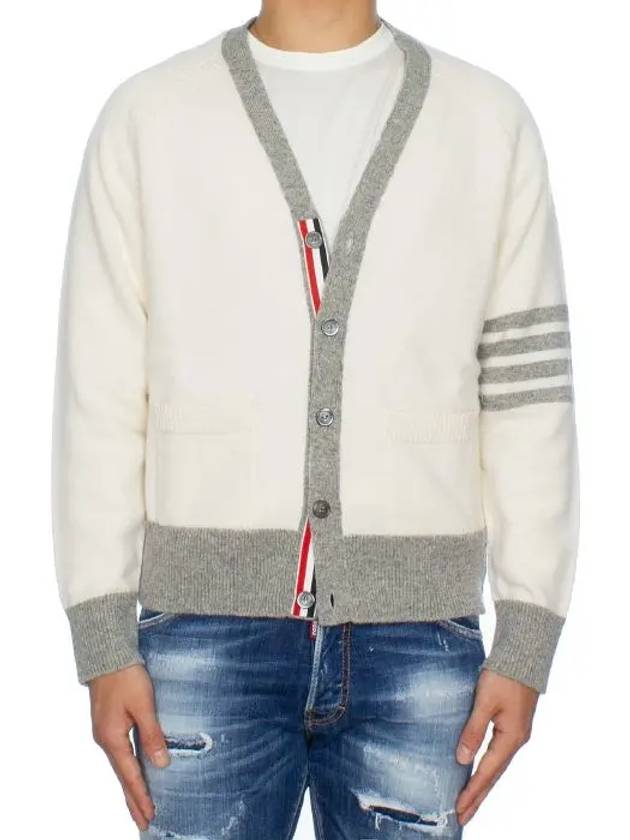 V-Neck 4-Bar Wool Cardigan White - THOM BROWNE - BALAAN 3