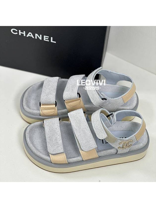 Logo Gold Velcro Suede Strap Sandals Beige Blue - CHANEL - BALAAN 2