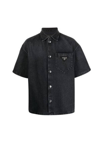 Triangle Logo Denim Short Sleeve Shirt Black - PRADA - BALAAN 1