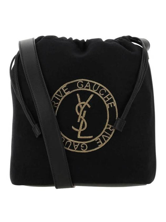 Embroidered Felt Smooth Leather Rib Gauche Lace Bucket Bag Black - SAINT LAURENT - BALAAN 1