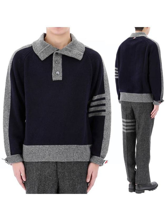 4-Bar Wool Polo Knit Top Navy Grey - THOM BROWNE - BALAAN 2