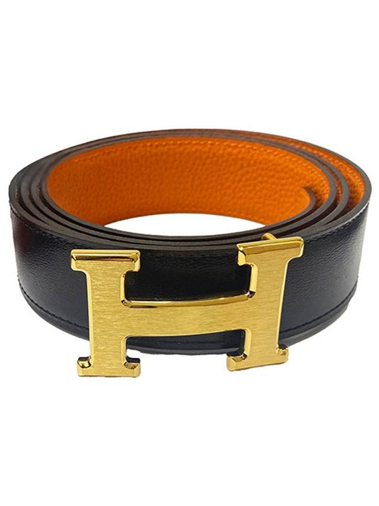 H Gold Buckle Reversible Leather Belt 32mm Noir Orange - HERMES - BALAAN.