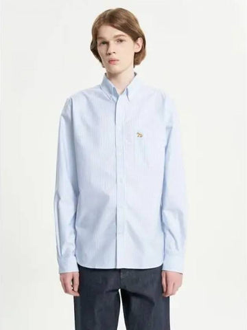 Men s Button Down Classic Shirt Blouse Southern Stripes Striped Ofxord Fox Patch On Chest Pocket Light Blue Domestic Product - MAISON KITSUNE - BALAAN 1