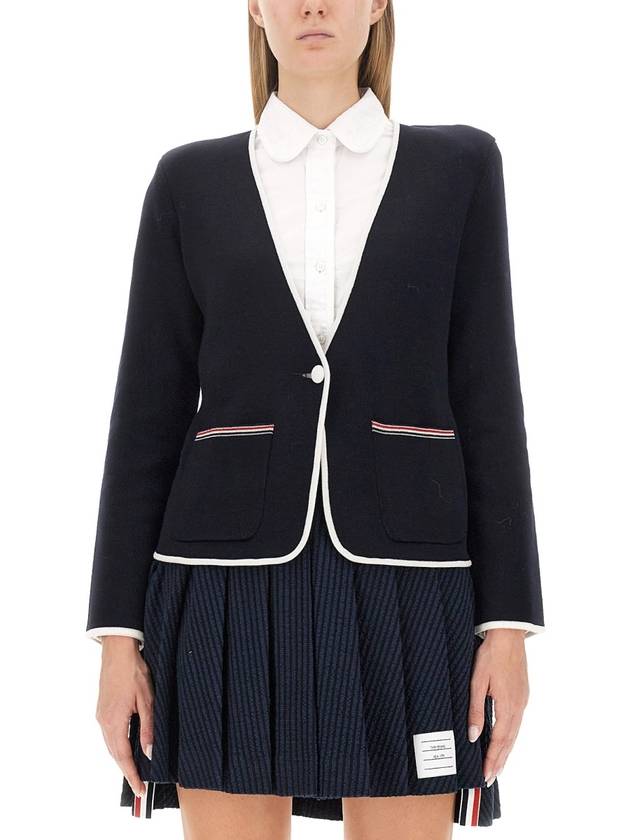 Women's Tipping Double Face Callalis Merino Wool Cardigan Navy - THOM BROWNE - BALAAN 2