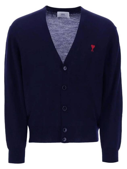 Red Heart Logo Merino Wool Cardigan Navy - AMI - BALAAN 2