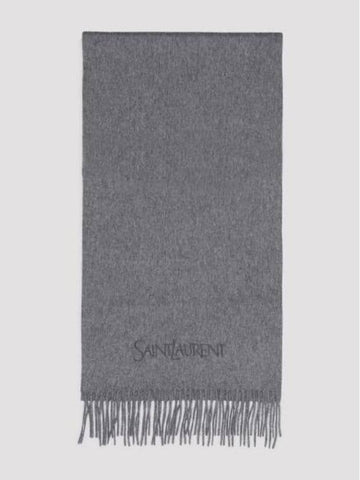 Logo Embroidered Cashmere Muffler Graphite - SAINT LAURENT - BALAAN 1