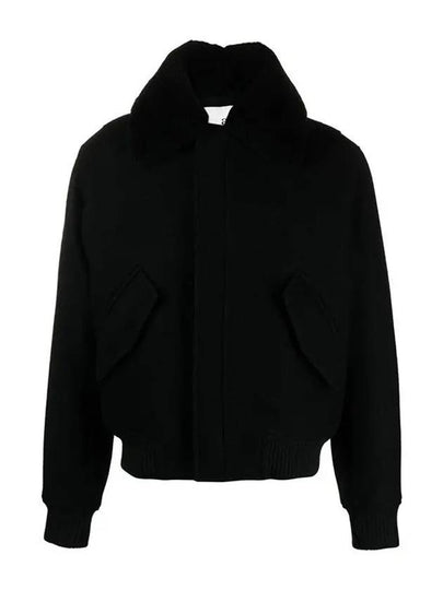 Shearling Collar Wool Zip-Up Jacket Black - AMI - BALAAN 2