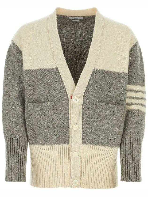 Donegal Diagonal Oversized Colour Block Wool Cardigan Grey Cream - THOM BROWNE - BALAAN 3