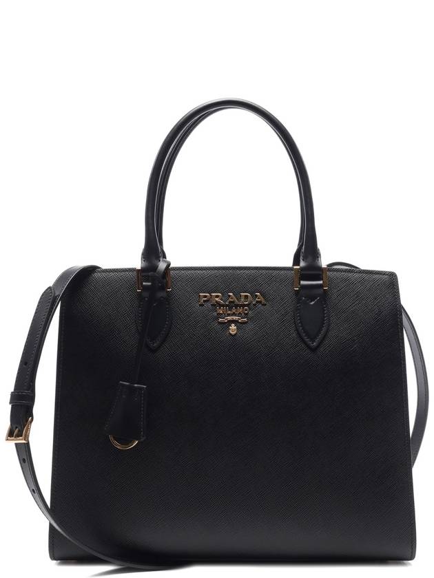 Saffiano Gold Square Leather Tote Bag Black - PRADA - BALAAN 3