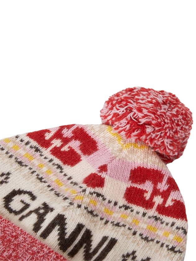 Logo Graphic Intarsia Knit Beanie Red - GANNI - BALAAN 6