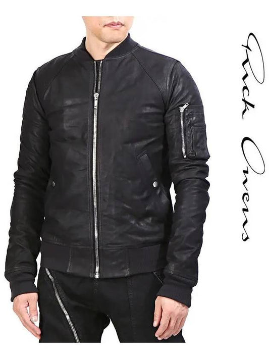 Men Zipper Pocket Leather Bomber Jacket Black - RICK OWENS - BALAAN 2