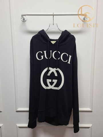 Used luxury goods Lewis It XL Black GG interlocking big logo printing hoodie - GUCCI - BALAAN 1