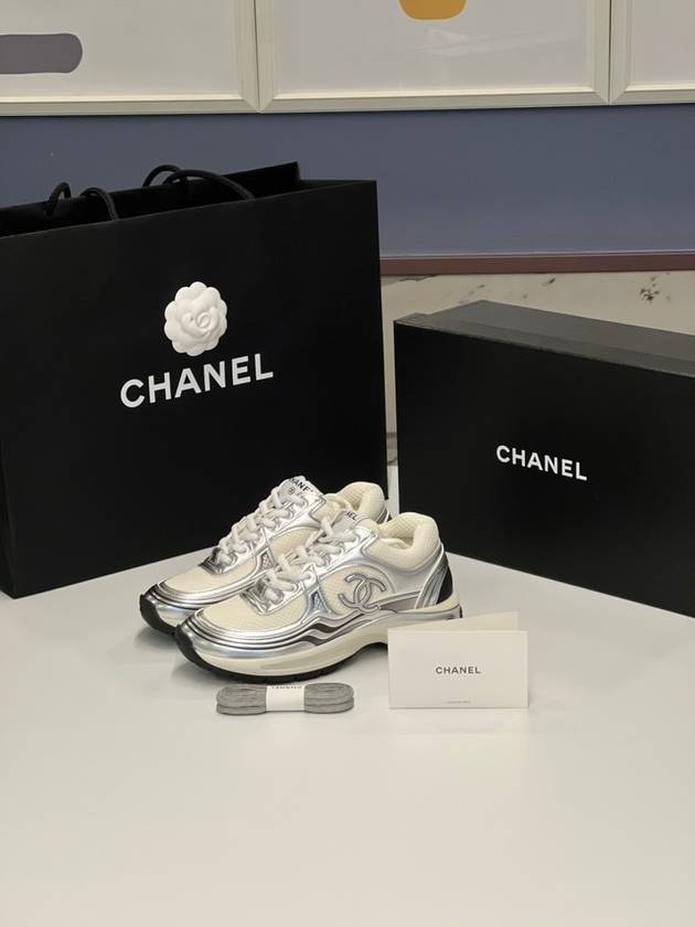 Fabric Laminated Low Top Sneakers Silver - CHANEL - BALAAN 4