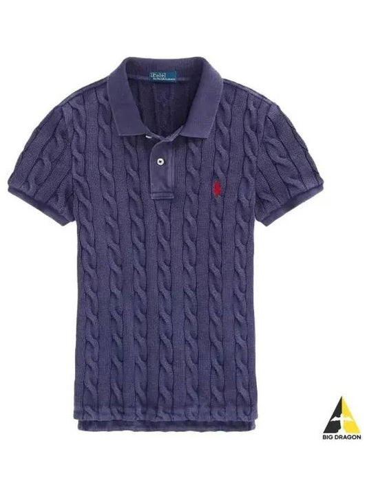 Slim Fit Cable Knit Polo Shirt Navy - POLO RALPH LAUREN - BALAAN 2