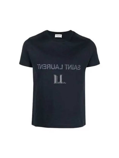 Reverse Logo Print Cotton Short Sleeve T-Shirt Navy - SAINT LAURENT - BALAAN 2