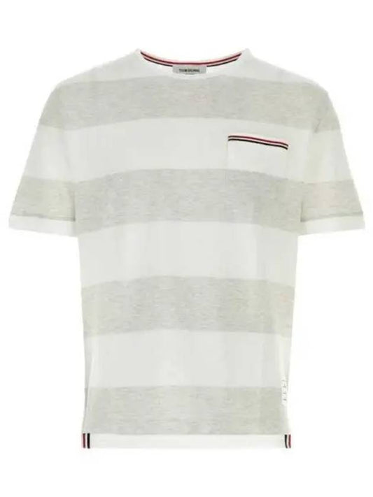 Men's Rugby Striped Pick Pocket Short Sleeve T-Shirt Pale Grey White - THOM BROWNE - BALAAN 2