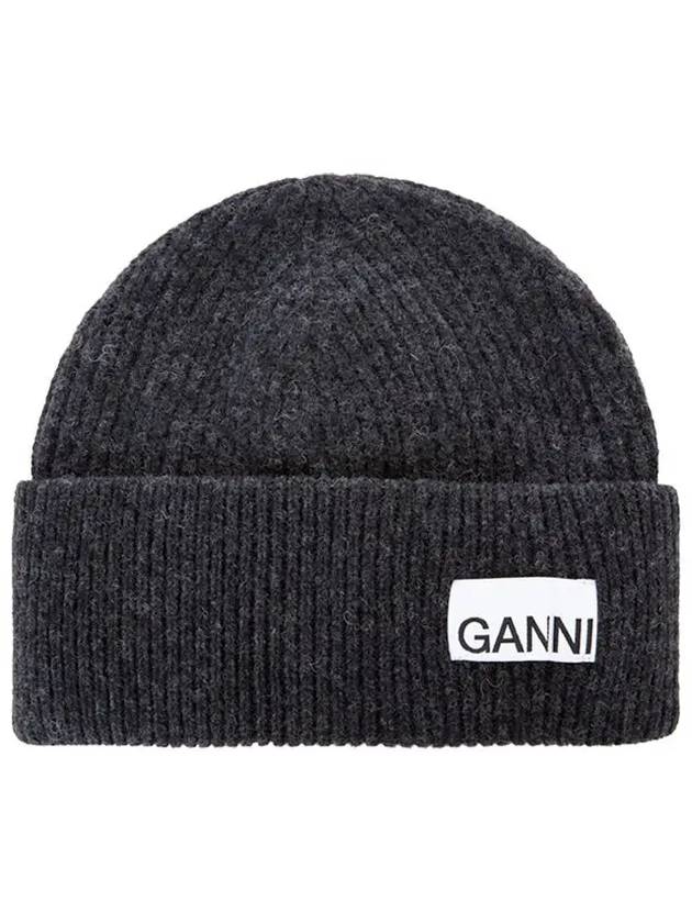 Logo Label Rib Knit Wool Beanie Dark Grey - GANNI - BALAAN 3